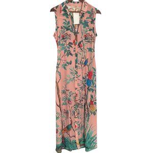 Soft Surroundings Chinoiserie Maxi Dress M Pink Floral Birds Embroidered Back